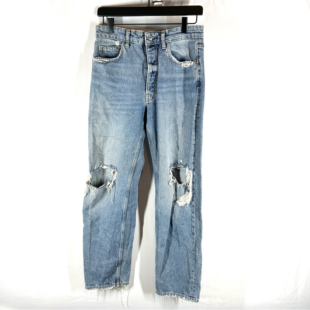 Zara TRG Denim Jeans Straight Leg Ripped High Rise Relaxed Sz 6